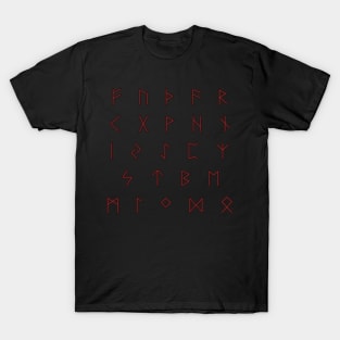 Futhark Rune Alphabet Stickers in Burnt Wood and Blood T-Shirt